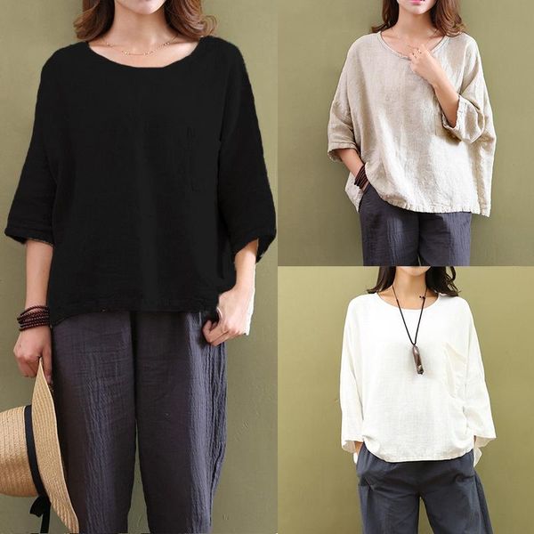 

women's blouses & shirts 2021 tea shirt retro diagonal buckle chinese literature art loose simple and lace solid color linen top, White