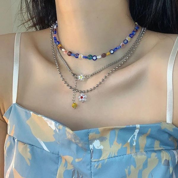 

chains 3pcs/set colorful acrylic resin little daisy flowers metal chain stacking necklace for women girls party aesthetic jewelry 2021, Silver