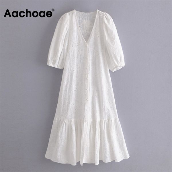 

aachoae chic floral embroidery midi dres v neck puff sleeve sweet es ladies elegant a line white cotton 210623, Black;gray