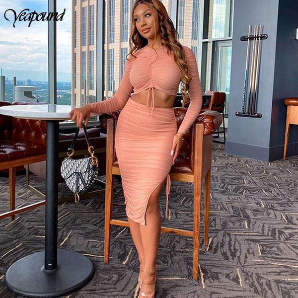 

women autumn drawstring pleated two-piece dress for double layers mesh bandage bodycon club party vestidos casual dresses, Black;gray
