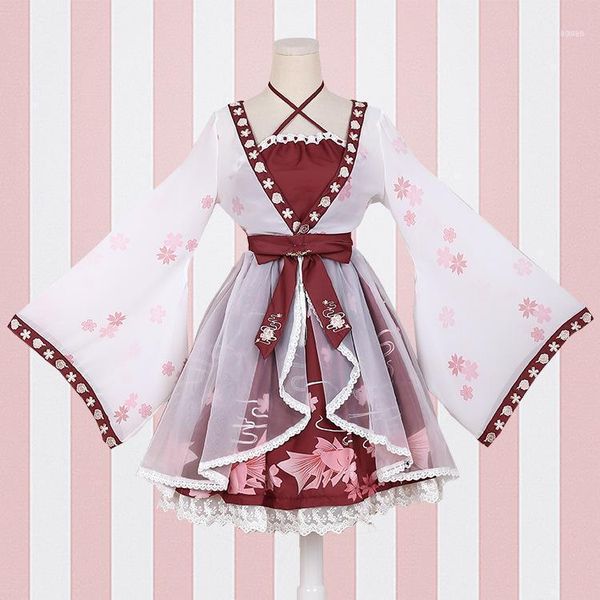 

lolita chinese style goldfish girl fake two pieces dress printing one-piece sakura blossom celebration1, Black;gray
