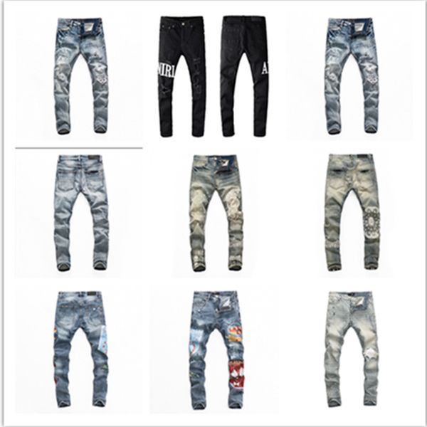 

men's jeans amirys denim designer embroidered pants fashion ripped trousers us size 28-40 hip hop distressed zip trousers, Blue
