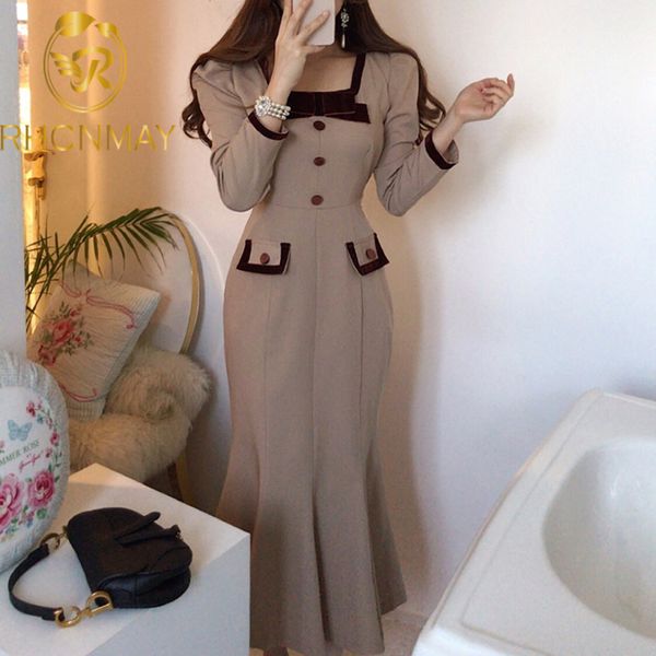 

elegant dress women casual office lady midi dress chic square collar long sleeve party mermaid dress korean 2021 autumnswimwear bathing, Black;gray
