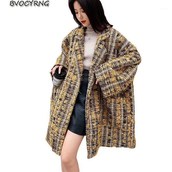 

autumn and winter korean retro mid-length woolen windbreaker tweed coat female large size jacket loose fashion women women's wool & bl, Black