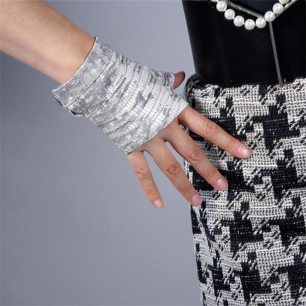 

five fingers gloves latest 2021 real leather fingerless white lizard skin animal pattern pure sheepskin half finger short woman tb130, Blue;gray