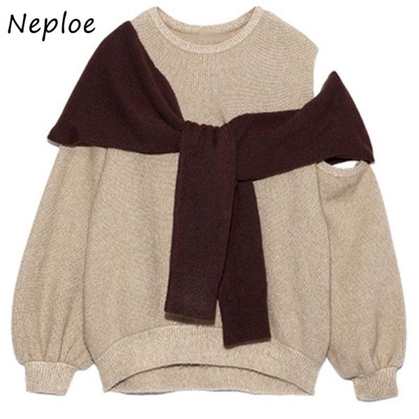 Neploe Japan Stil Herbst Mode Süße Pullover Sexy Schulter Trägerlosen Gestrickte Tops Puff Sleeve Gefälschte Zwei Stück Pullover 210423