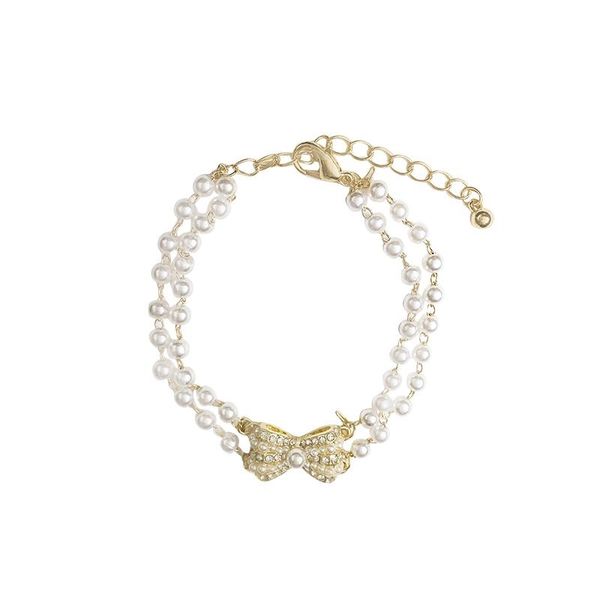 

beaded, strands double pearl bracelet flash diamond bow female temperament, Black