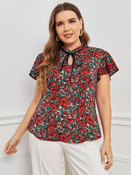 

women's plus size spring and summer 2021 large pullover sweet slim floral ribbon round ne short sleeve t-shirt