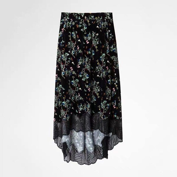 

skirts women flower skirt elastic waist velvet print vintage midi asymmetric lace trim patchwork long, Black
