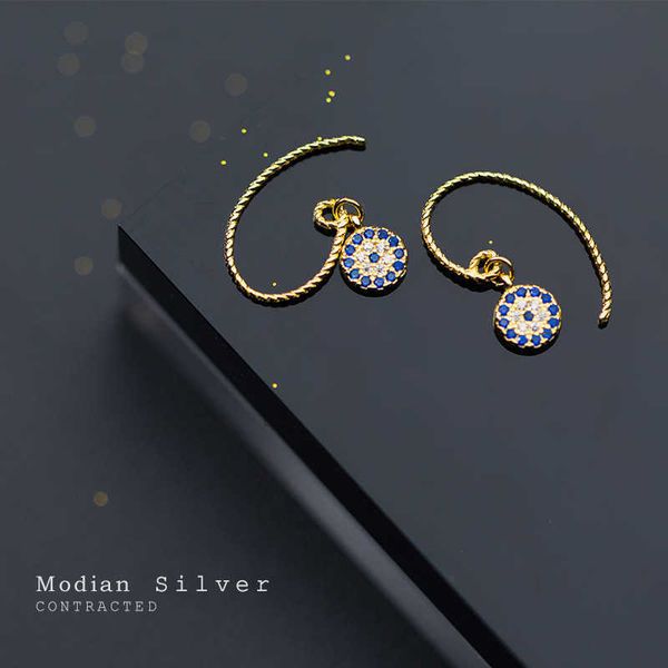 

blue crystal round eyes dangle earrings for women 925 sterling silver gold color fashion party jewelry gifts 210707