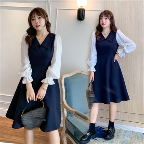 

party dresses spring and autumn women's clothing plus size 200 kg fat people's clothes fake two temperament thin mm lapel dress 4j, White;black