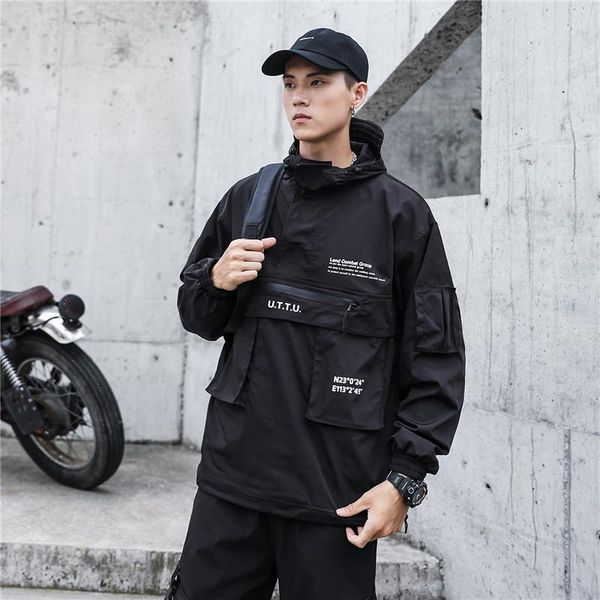 

men's jackets hip hop streetwear jacket men black hooded waterproof windbreaker techwear multi-pocket fashion autumn zipper, Black;brown