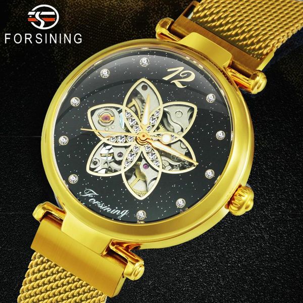 

wristwatches forsining women automatic watches luxury diamond skeleton mechanical watch elegant dress lady analog clock stainless steel stra, Slivery;brown