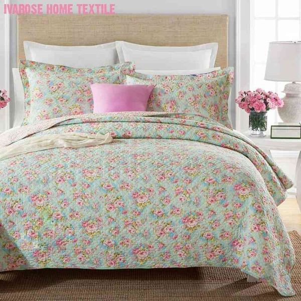

3pcs chic shabby country pink floral bedspread quilt 100% cotton quilted coverlet bed cover light blue  size