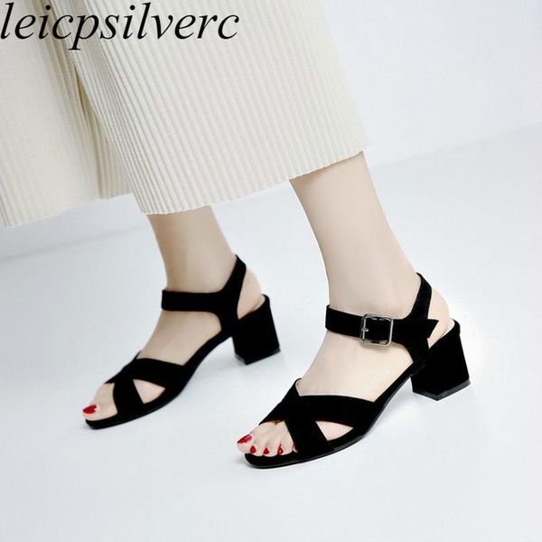 

women's sandals med heel buckle peep toe ankle strap flock square summer 2021 fashion casual sweet black beige