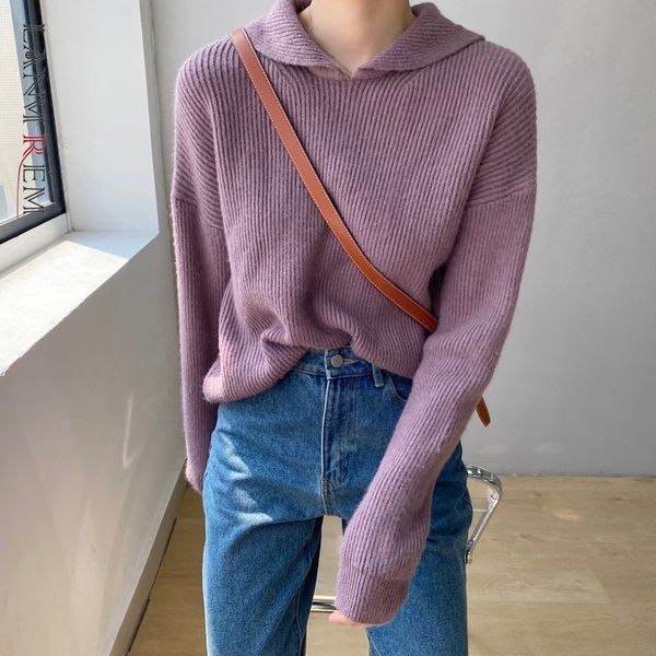 

early spring peter pan collar long-sleeved knitted loose sweatshirt all-match purple for women 2a3121 210507, Black