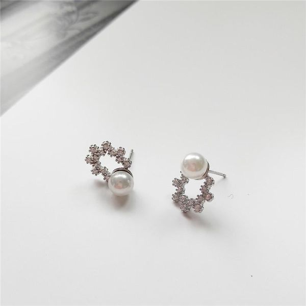 

real 925 sterling silver minimalist women zircon setting exquisite stud earrings fashion freshwater pearl chic earring, Golden;silver
