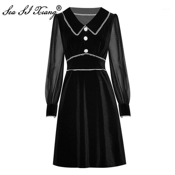 

fashion designer autumn dress women's turn-down collar lace patchwork long sleeve crystal buttons velvet dresses casual, Black;gray