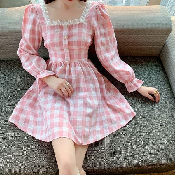 

casual dresses square collar with lace pink plaid beading dress flare sleeve cute kawaii feminine japanese autumn women mini lolita, Black;gray