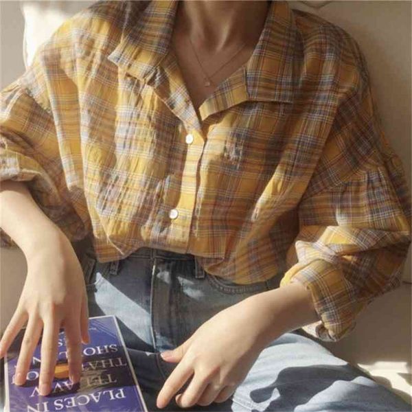 

yellow shirt oversize female women long sleeve linen cotton girls blouse autumn plus size blouses plaid femme 210423, Black