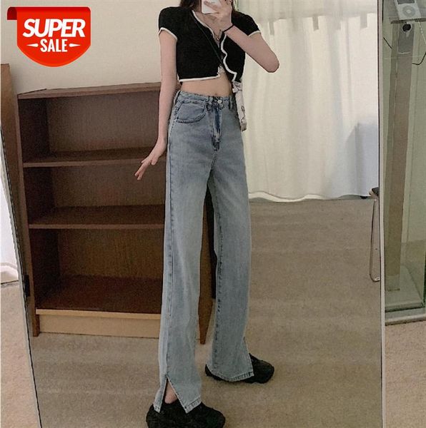 

thin wide-leg retro blue high-waist split straight jeans #p37q, Black;gray
