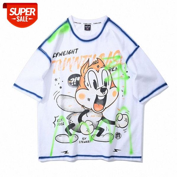 

american high street fun graffiti print t-shirt loose multicolor creative squirrel short-sleeved tee #xr7g, White;black