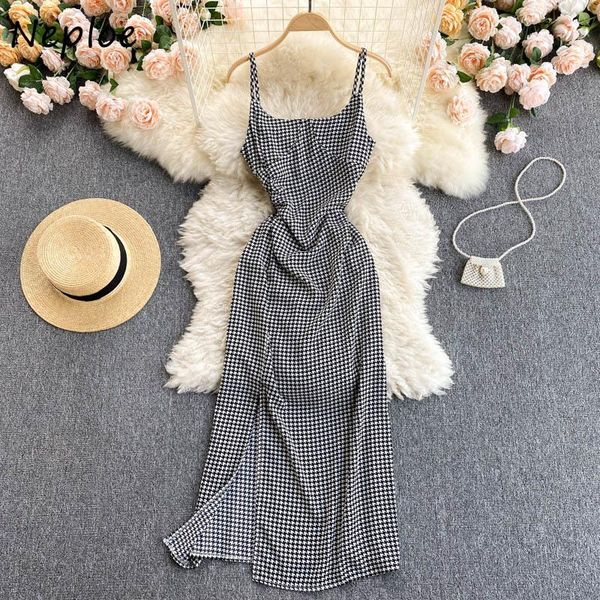 

casual dresses neploe sqaure collar sleeveless camis dress women high waist hip a line long vestido summer 2021 plaid robe temperament, Black;gray