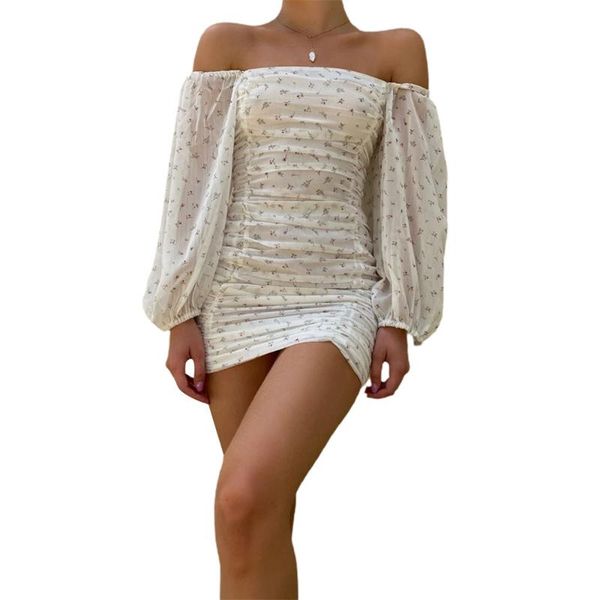 

casual dresses women floral princess dress off-shoulder ruched long sleeve mini ladies pull party femme vestidos, Black;gray