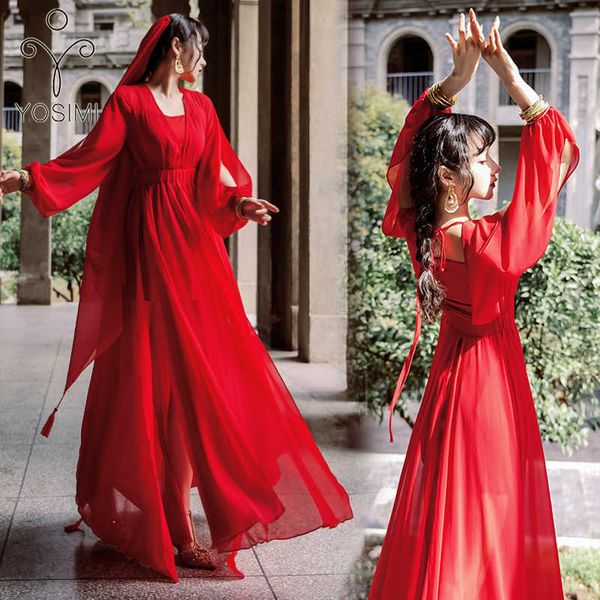 

yosimi floor-length red chiffon long women dress summer v-neck sleeve fit and flare evening party elegant 210604, Black;gray