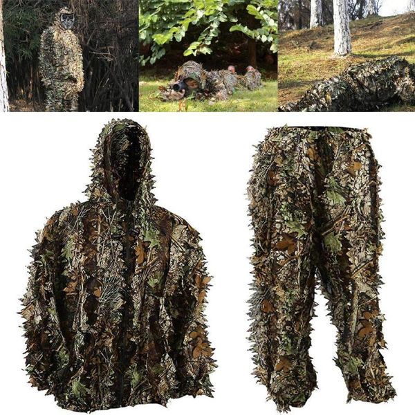 

hunting sets outdoor camouflage 3d forest leaf hooded jacket coat pants clothes set sports accessories, Camo