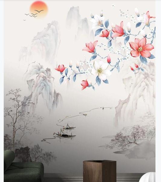 

wallpapers papel de pared chinese style painting magnolia flower landscape entrance wallpaper door sticker,living room bedroom mural