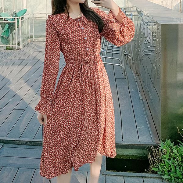 

casual dresses elegant flare sleeve women a-line dress chiffon midi female sashes ruffled vestidos spring vintage floral slim 2021, Black;gray