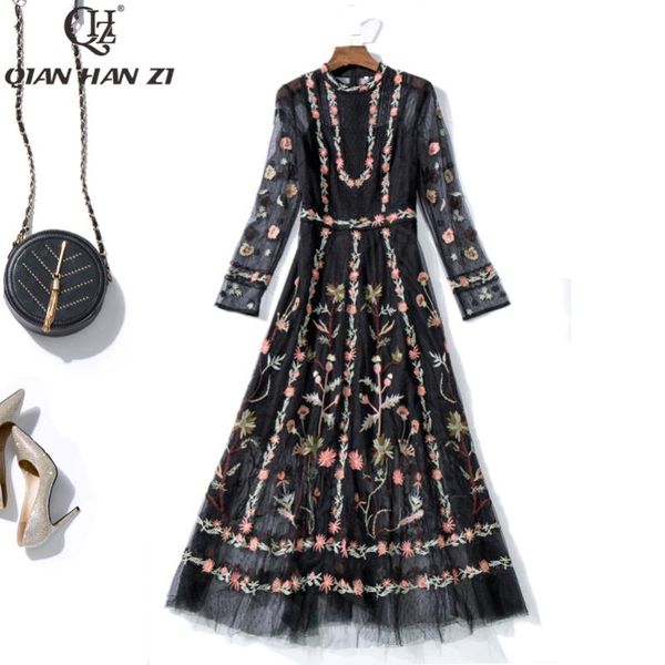 

casual dresses qian han zi spring summer designer dress women's long sleeve mesh embroidered vintage black slim party maxi, Black;gray