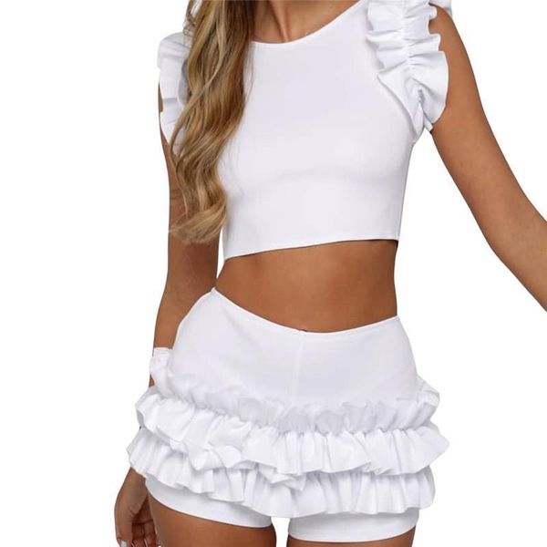 

two piece set summer women tracksuits ruffles padded crop high waist shorts beachwear holiday outfits slim clothes sets, Gray