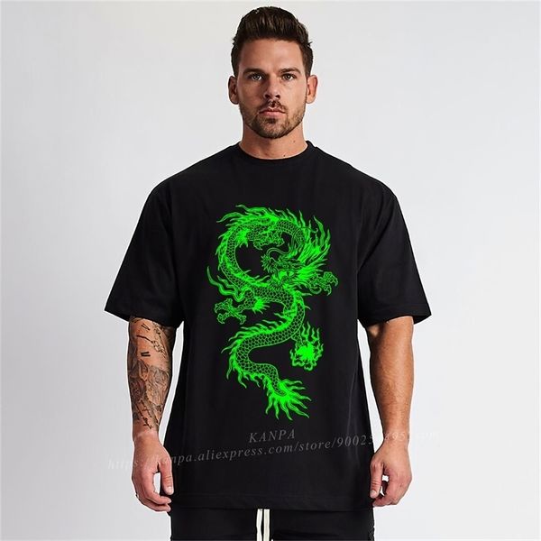 Dragão Verde Men Plus Size Camiseta T-shirt de Algodão Preto T-shirt Supersize Tops Tee para Big Tall Workout Street Suits Manga Curta 210706