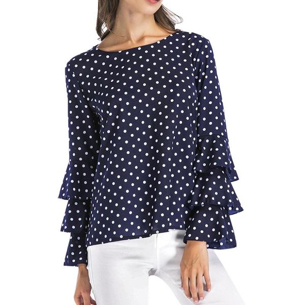 

autumn women's polka dot flare sleeve shirts pullover o-neck loose blouses bell streetwear long &, White