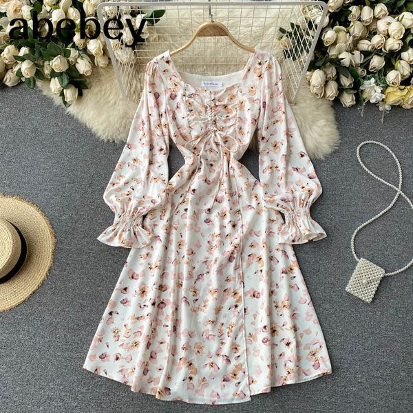 

women ruched drawstring floral dress korean puff sleeve square collar a-line chiffon es spring bohemian print midi 210512, Black;gray