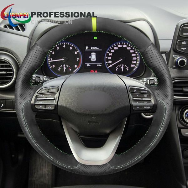 

steering wheel covers diy hand-sewn non-slip black custom leather cover for kona 2021 car interior accessories
