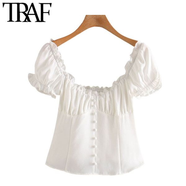 TRAF Donna Dolce Moda Ruffled Ritagliata Camicette Vintage Manica a sbuffo Cerniera laterale Camicie femminili Blusas Chic Top 210415