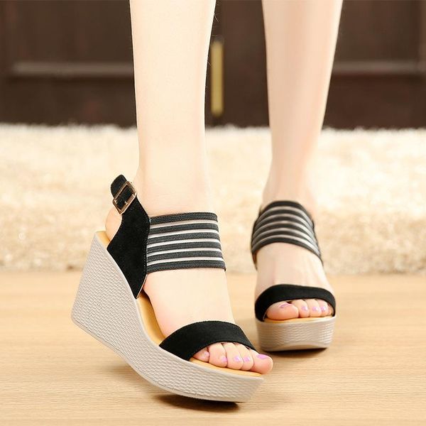 

open toe leisure buckle platform wedges sandals women basic solid summer ladies shoes super high front rear strap, Black