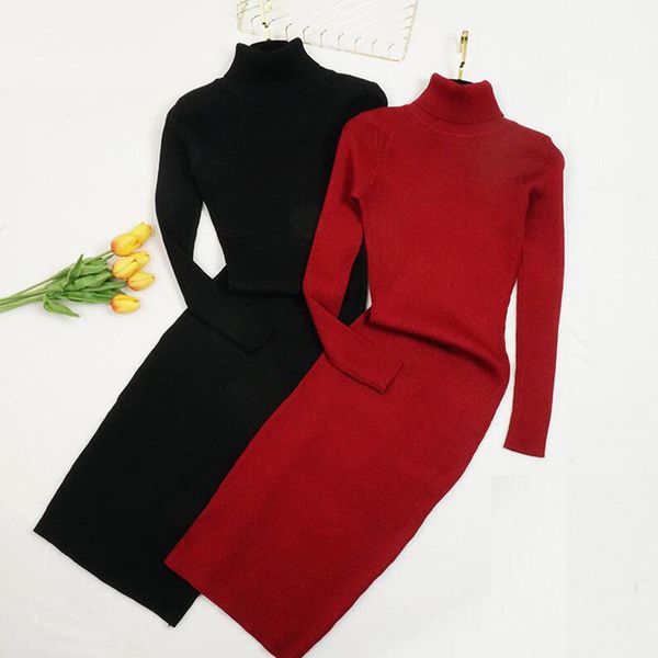 

dresses turtleneck autumn winter women knitted long sleeve slim bodycon bottoming sweater es vestidos, Black;gray