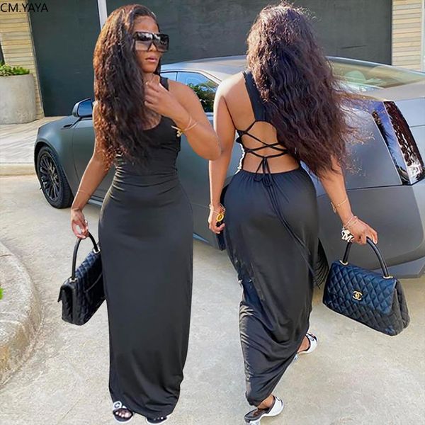 

streetwear casual tank o neck women dress lace up open back slim maxi fashion sleeveless solid long dresses vestidos, Black;gray