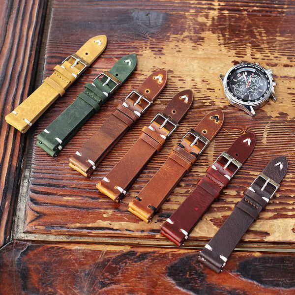 

cow leather watch strap 18mm 20mm 22mm 24mm retro wristband watchband handmade stitching strap replacement belts h0915, Silver
