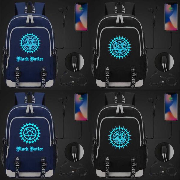 

backpack blue luminous fashion anmie cartoon black butler usb boy girl book school bag women teenagers men lappacksack