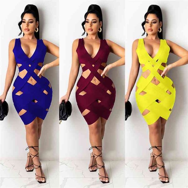 Abito sexy Donna Scollo a V profondo Backless Scava fuori Tessuto incrociato Mini Elegante Night Club Party Bodycon es Robe Femme 210522