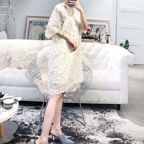 

women beige tassel a-line chiffon dress v-neck half raglan sleeve loose fit fashion tide spring summer 210421, Black;gray