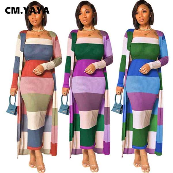 CM.YAYA Knitted Sexy Club Dois 2 Peças Set Mulheres Fall Winter Fitness Outfit Casacos Longos Tops + Vestido Set Tracksuit 210330