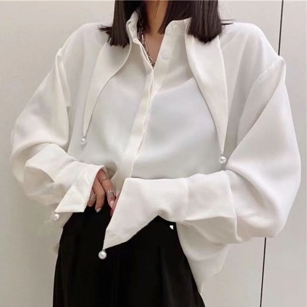 

solid fashion pearl women shirt spring summer vintage long sleeve simple button-up office lady chic blouse outwear 210521, White