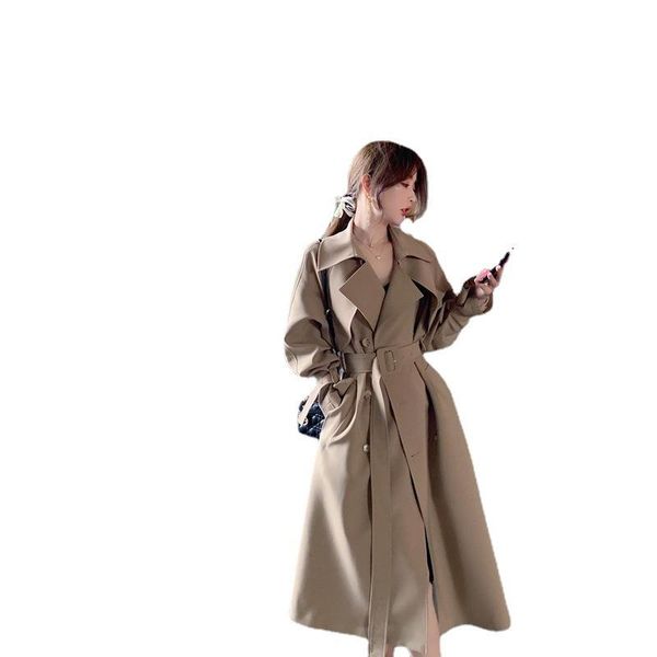 

women's trench coats autumn high-end khaki windbreaker women 2021 waist long section over the knee british style casual jacket, Tan;black