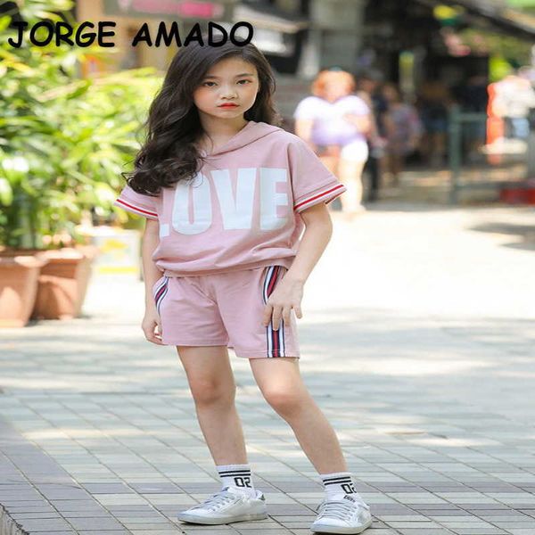 

summer teenagers girls 2-pcs sets letter hooded + shorts kids sweatershit fashion clothing e535 210610, White